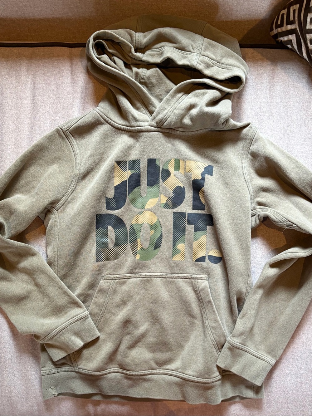 Nike Olive Green Kids Hoodie with Camo 'Just Do It' Graphic